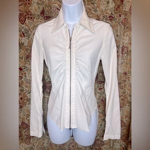 Vintage Guess Ivory White Long Sleeve Pinstriped 2-Way Zip Blouse 90's XS SP S